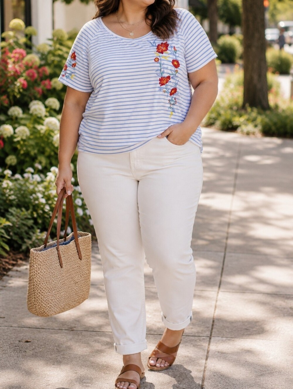 MyStyle Plus Size Blue White Striped Floral Embroidered Cotton Tie-Back Top
